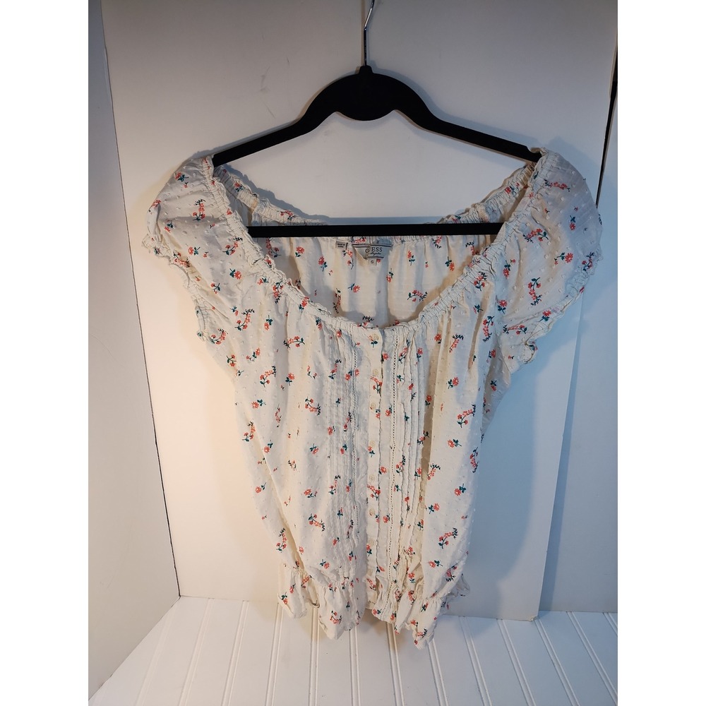 GUESS White Floral Swiss Dot Off Shoulder Peplum Blouse Sm Festival Boho Cottage